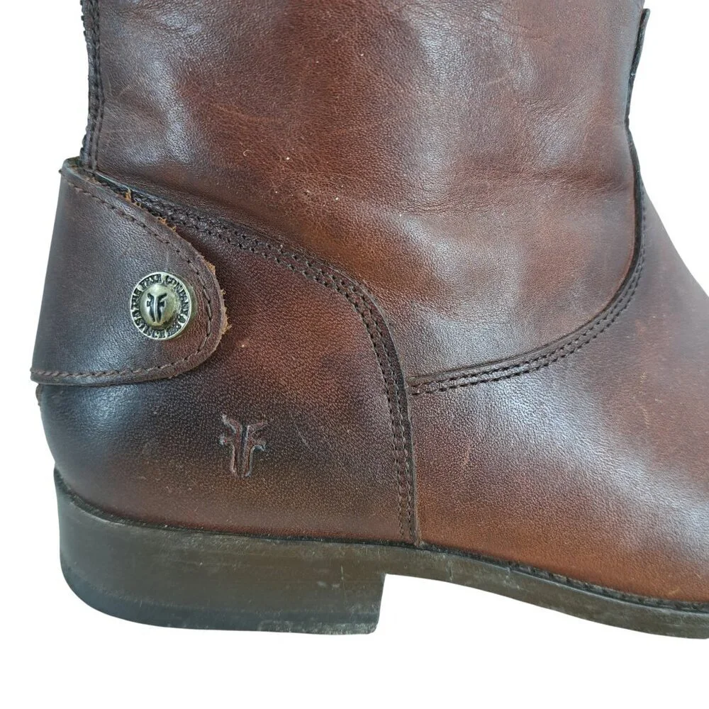 Frye Melissa Knee High Leather Brown Riding Boots Size 6.5 Distressed Snap Zip